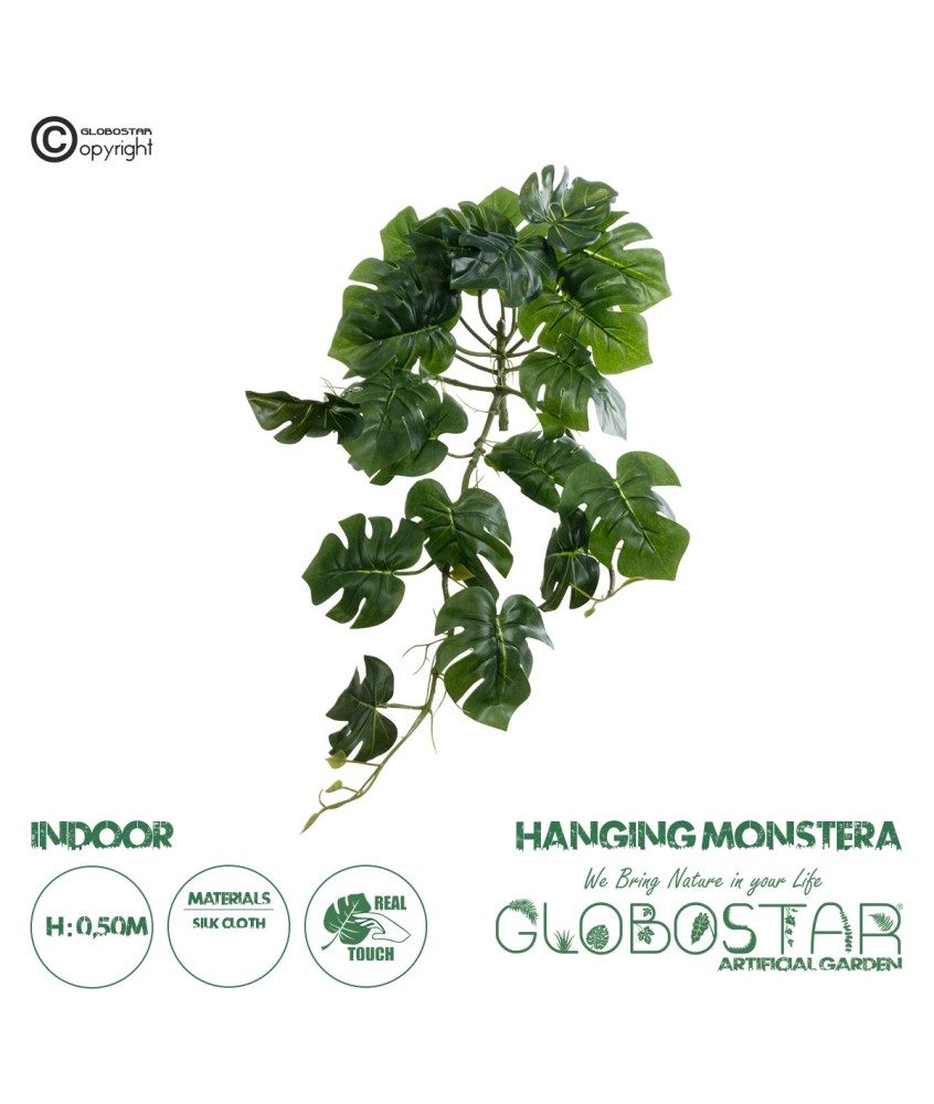 GloboStar® Artificial Garden HANGING MONSTERA 20600 - Τεχνητό Διακοσμητικό Κρεμαστό Φυτό Μονστέρα Μ28 x Π30 x Υ50cm